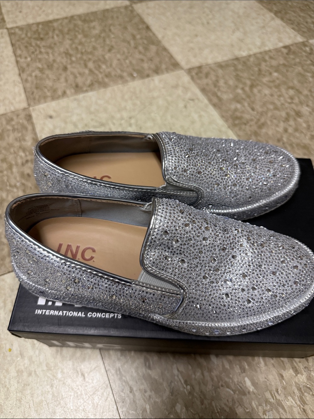 INC International Concepts Silver Crystal-Embellished Slip-On Loafers